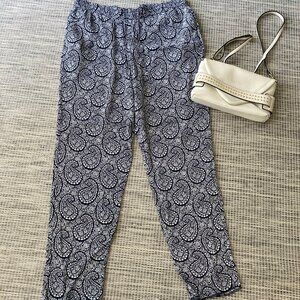 Talbots Dark Navy Blue White Paisley Pull On Drawstring Pant. 12